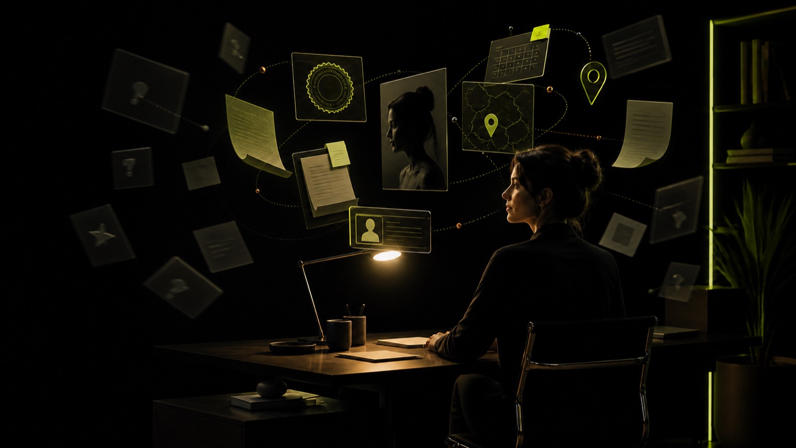A clinician at a desk, with the pieces of a listing arranged around her: a licence seal, a portrait, a map of the states she is licensed in, a calendar, and pages of her own writing.